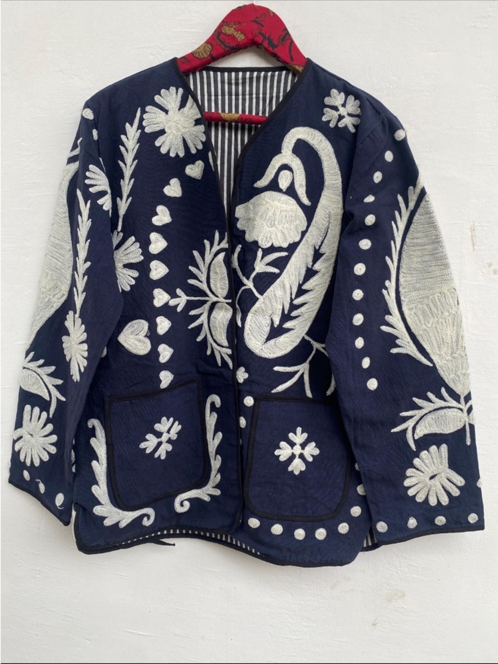 Blue Suzani Cotton Kimono Jacket: Bohemian Embroidered Short Coat